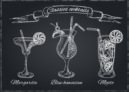 Cocktails collection on chalkboard.Vector Set of Sketch Cocktails and Alcohol Drinks.のイラスト素材