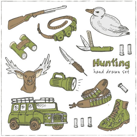 Hand drawn doodle hunting set. Sketchy hunt related icons, hunting elements, gun, crossbow, hunting wear cloths, boots, duck, binoculars. Vector illustration of for design and packages product.のイラスト素材