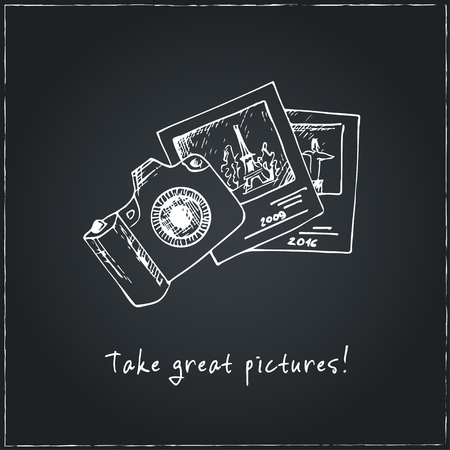 Take great pictures!  Motivational travel poster with photo.. Travel drawings. Sketches. Hand-drawing. Vector illustration of for design and packages product. Vector Illustration.の写真素材