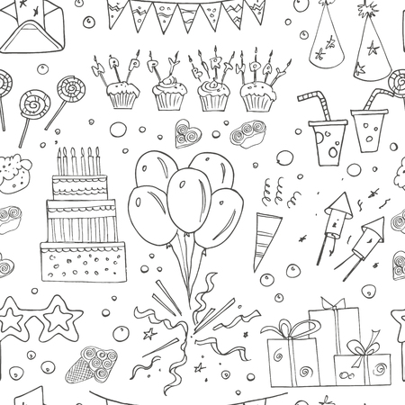 Birthday party doodles seamless pattern. Vector illustration. Useful for invitation, cards, packaging, design and interior decorating.のイラスト素材