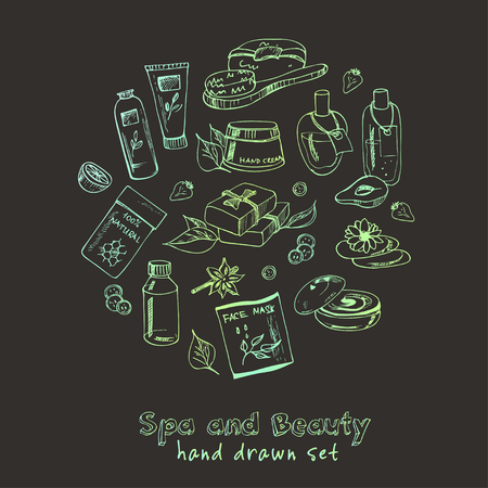 Spa beauty and care vector hand drawn elements. Vector illustration. Useful for gift cards, packaging, design and interior decorating.のイラスト素材
