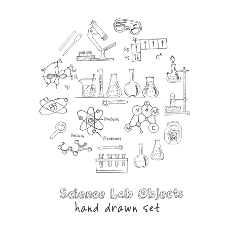 Collection of  Vector hand drawn doodle science lab objects. Back to School. Vector illustration. Useful for gift cards, packaging, design and interior decorating.のイラスト素材