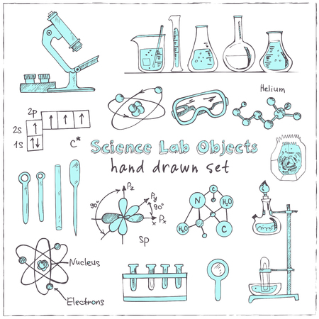 Collection of  Vector hand drawn doodle science lab objects. Back to School. Vector illustration. Useful for gift cards, packaging, design and interior decorating.のイラスト素材
