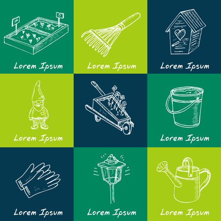 Garden tools doodle set. Various equipment and facilities for gardening and agriculture.  Vintage illustration for identity, design, decoration, packages product and interior decorating.のイラスト素材
