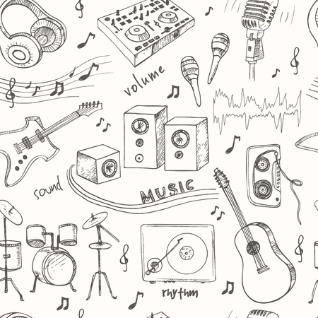 Abstract Music seamless pattern with musical instruments. Hand drawing Doodle,vector illustration. Useful for gift cards, packaging, design and interior decorating.のイラスト素材
