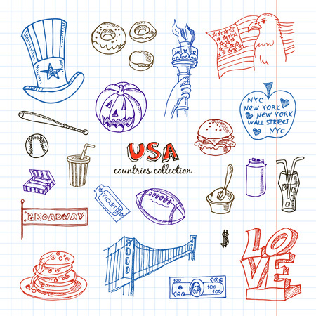 Hand drawn doodle USA symbols set. Sketchy Icons set. Travel  Collection. Isolated vector illustration.のイラスト素材