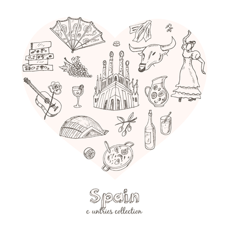 Hand drawn doodle Spain symbols set. Sketchy Icons set. Travel Collection. Isolated vector illustration.のイラスト素材