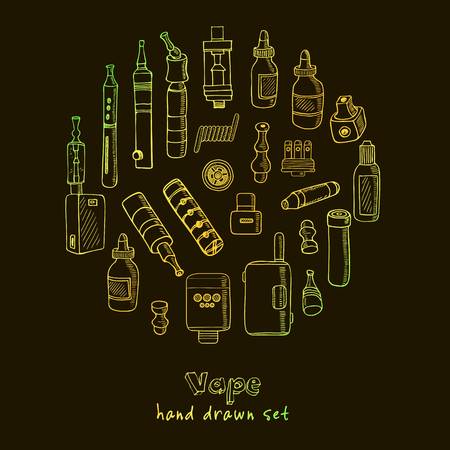Set of Vaping icons in sketch style on black background. Vape vector illustration. Vape trend. Illustration of Electronic cigarette. E-cig icons setのイラスト素材