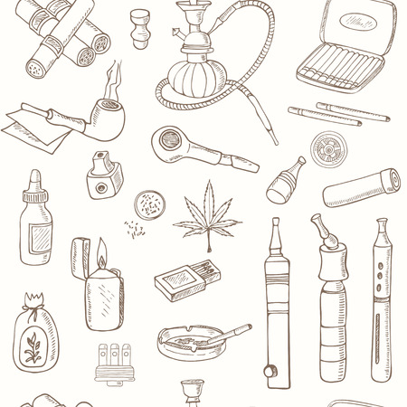 Doodle retro smoke seamless pattern with hookah, vape, cannabis and pipes. Isolated vector illustration for identity, design, decoration, packages product and interior decorationのイラスト素材