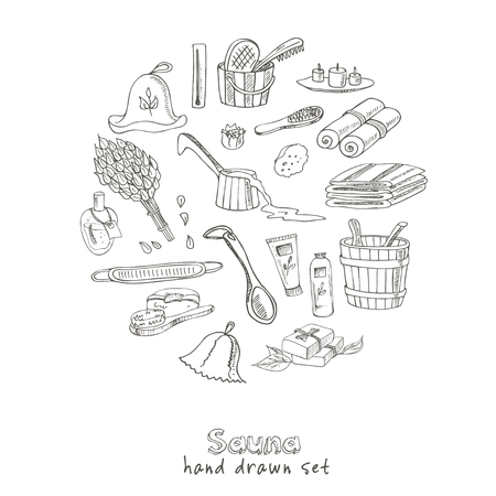Sauna accessories doodle set. Sketch. Hand drawn spa items collection. Vector illustration  for design menus, recipes and packages product.のイラスト素材