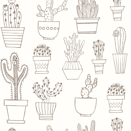 Hand drawn Seamless pattern with Cactus in the pots. Isolated vector illustration for identity, design, decoration, packages product and interior decorationのイラスト素材