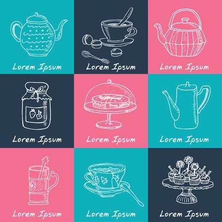 Tea time  doodle set. Sketch. Tea bag, mugs, cupcake, macaroon and muffin. Hand drawn spa items collection. Vector illustration  for design menus, recipes and packages product.のイラスト素材