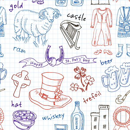 Hand drawn doodle Ireland symbols seamless pattern . Travel  Collection.のイラスト素材