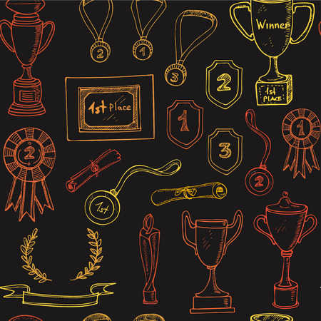 seamless pattern with decorative sketch Award with trophy, medal, winner prize, champion cup, ribbon. Isolated  Vector illustration.のイラスト素材