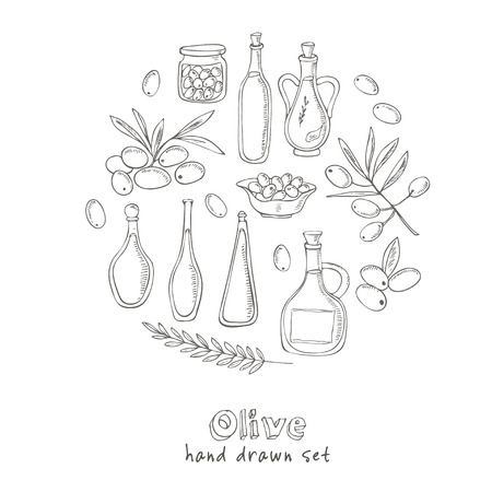 Olive sketch set with tree branch and oil bottle. Vintage illustration for design menus, recipes and packages product. Isolated  Vector illustration.のイラスト素材