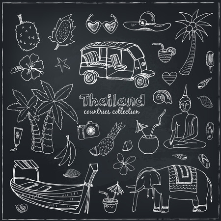 Hand drawn doodle Thailand travel set.  Sketchy Icons set. Travel Collection. Isolated vector illustration.のイラスト素材