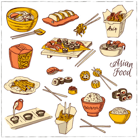 Asian Food. Decorative chinese food icons set. Vector illustration for design menus, recipes and packages product.のイラスト素材