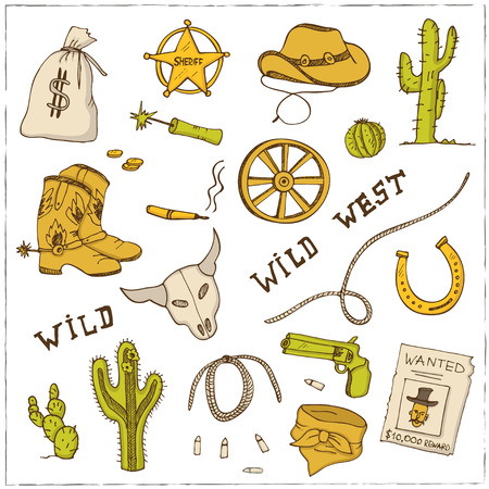 Hand drawn wild west set. Sketches. Hand-drawing. Vector illustration of for design and packages product.のイラスト素材