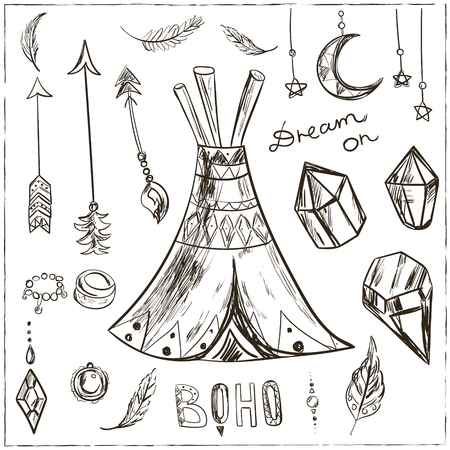 American Totem Frame, Feathers, Arrows isolated on white background. Boho style. Vector Element for your design.のイラスト素材