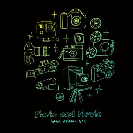 Photo and movie hobby cameras.  icons set.  isolated vector illustrationのイラスト素材