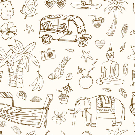 Hand drawn doodle Thailand travel seamless pattern.. Sketchy Icons set. Travel Collection. Isolated vector illustration.のイラスト素材