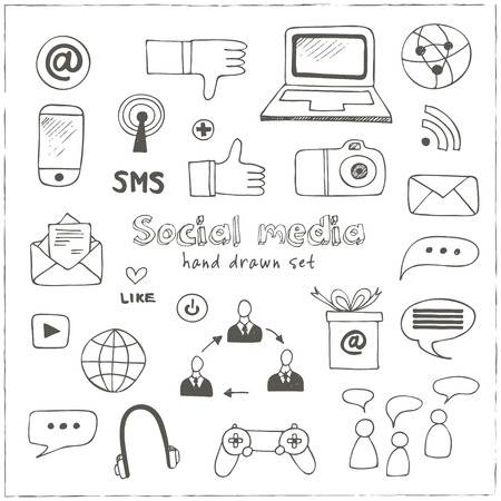 Hand drawn vector illustration set of social media sign and symbol doodles elements. Isolated vector illustrationのイラスト素材