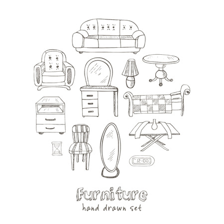 Set of doodle sketch furniture. Isolated vector illustrationのイラスト素材