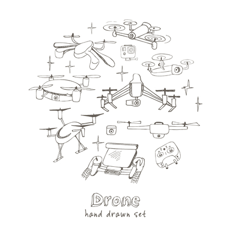 Drones vector set Hand drawn element drone and controller connecting. Isolated vector illustrationのイラスト素材