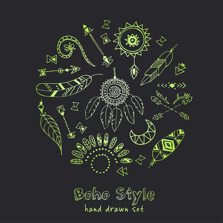 Set of Boho Chic Style Elements isolated vector illustrationのイラスト素材