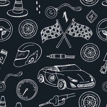 Seamless pattern with Racing auto items sketch icons hand drawn vector set with racing flags first place prize cup medal sport car isolated vector illustrationのイラスト素材