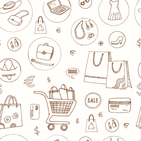 Seamless Pattern with Shopping hand drawn decorative icons set vector isolated illustrationの写真素材