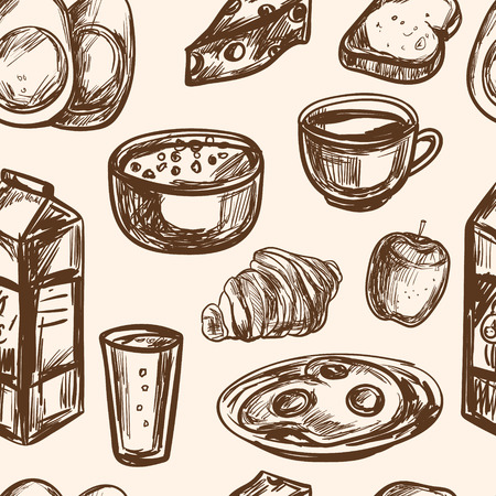 hand drawn breakfast food seamless pattern vector vintageのイラスト素材