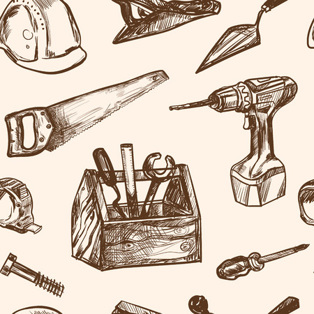 Hand drawn seamless pattern Construction tools. Isolated vector illustration for identity, design, decoration, packages product and interior decorationのイラスト素材