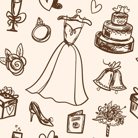 Hand drawn seamless pattern wedding accessories. Isolated vector illustration for identity, design, decoration, packages product and interior decorationのイラスト素材