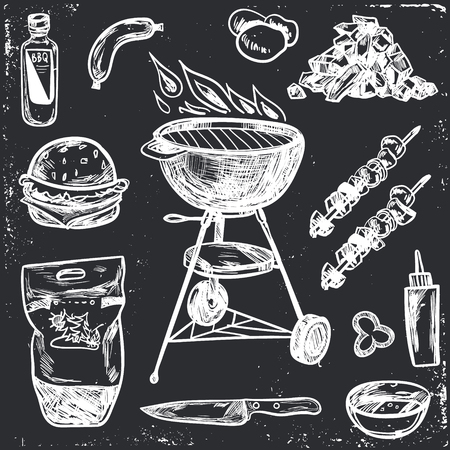 Bbq Grill Sketch Set. Hand Drawn Barbecue Collectionのイラスト素材