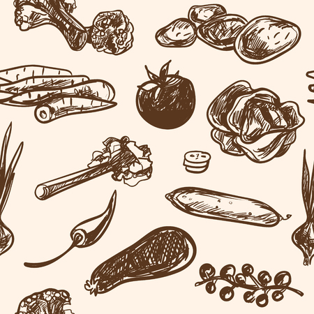 Seamless pattern hand-drawn vegetables vector illustration in vintage style.のイラスト素材