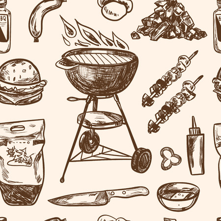 Bbq Grill Sketch seamless pattern Hand Drawn Barbecue Collectionのイラスト素材