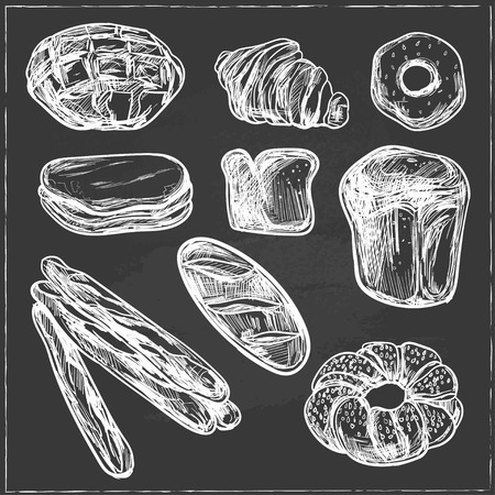 Vintage hand drawn sketch style bakery set. Bread and pastry sweets on grunge background.のイラスト素材