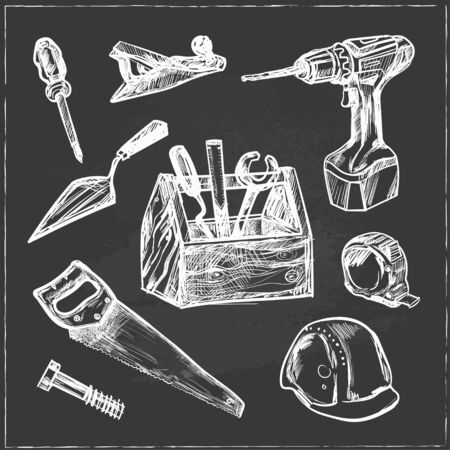 Hand drawn Set of Construction tools. Isolated vector illustration for identity, design, decoration, packages product and interior decorationのイラスト素材