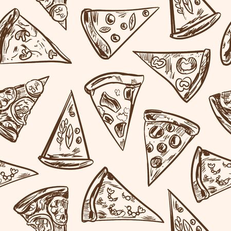Seamless pattern with sliced italian pizza sketches with cheese, pepperoni, salami, mushrooms, tomatoes, olives Vintage illustration for design menus, recipes and packages product.の写真素材