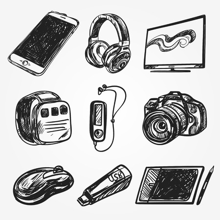 set of smart media devices and personal gadgets. Hand drawn realistic vector decorationのイラスト素材