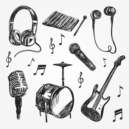 Abstract Music Background with musical instruments. Hand drawing Doodle,vector illustration. Useful for gift cards, packaging, design and interior decorating.のイラスト素材