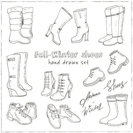 Vector illustration of woman fall and winter shoes, boots set. Hand-drown footwear illustrations. Fashion collection sketch.のイラスト素材