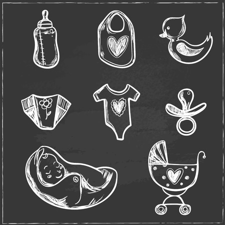Set of baby shower icons, with diaper, crawler, sleeping, bag. Hand drawn line art vector illustration.のイラスト素材