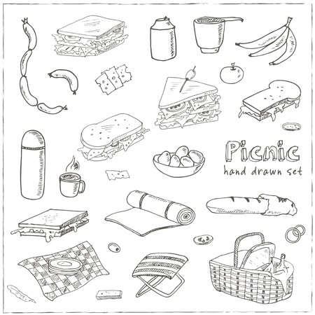 Summer picnic doodle set. Various meals, drinks, objects, sport activities. Vector illustration isolated over white background.のイラスト素材