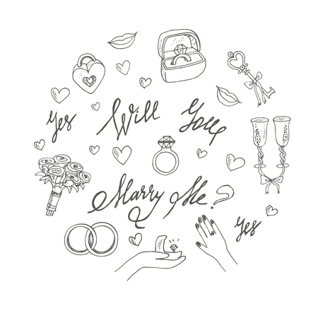 vector wedding set  isolated Marry me ring, flowersのイラスト素材