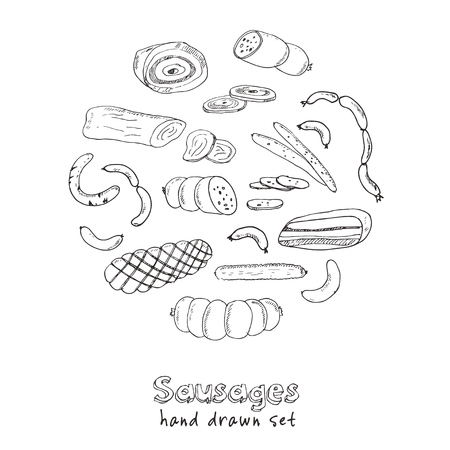 Sausages set. Hand drawn vector illustrations. Freehand food icons for restaurant menu or food package design.のイラスト素材