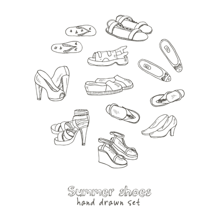 Vector illustration of woman shoes set. Hand-drown objects. Spring-summer fashion collection.のイラスト素材