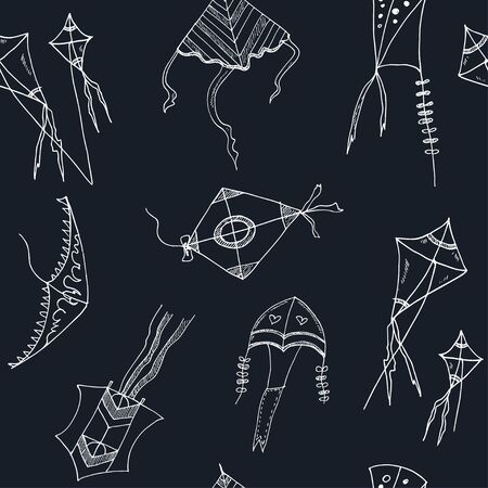 Doodle Kite seamless pattern on black Background. Vector illustrationのイラスト素材