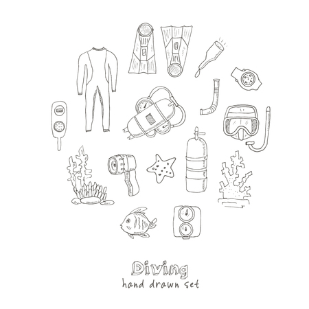 Doodle Set of diving tools Vintage illustration for identity, design, decoration, packages product and interior decorating.のイラスト素材